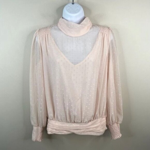 WHBM High Neck Top Womens 6 Coquette Smocked Romantic Swiss Dot Dainty Blouse - Picture 1 of 11